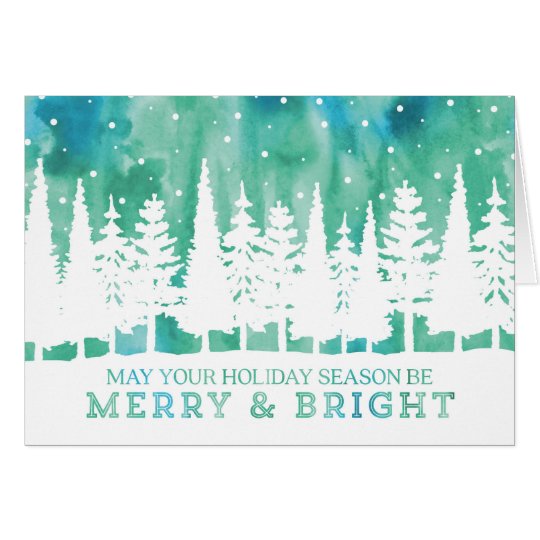 Watercolor Northern Lights Trees Christmas Card