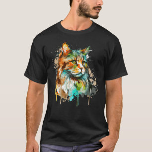 Watercolor Norwegian Forest Cat Colourful Long Hai T-Shirt