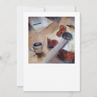 Watercolor note card of coffee and guitar