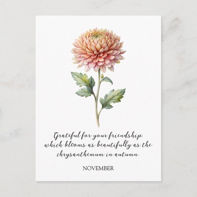WATERCOLOR NOVEMBER CHRYSANTHEMUM BIRTH FLOWER POSTCARD (Front)