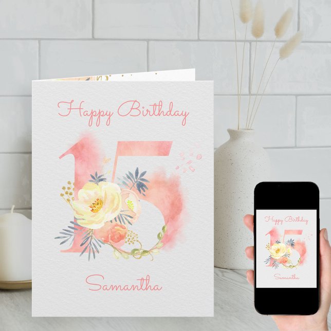 Watercolor Number 15 Personalised 15th Birthday Card (Creator Uploaded)