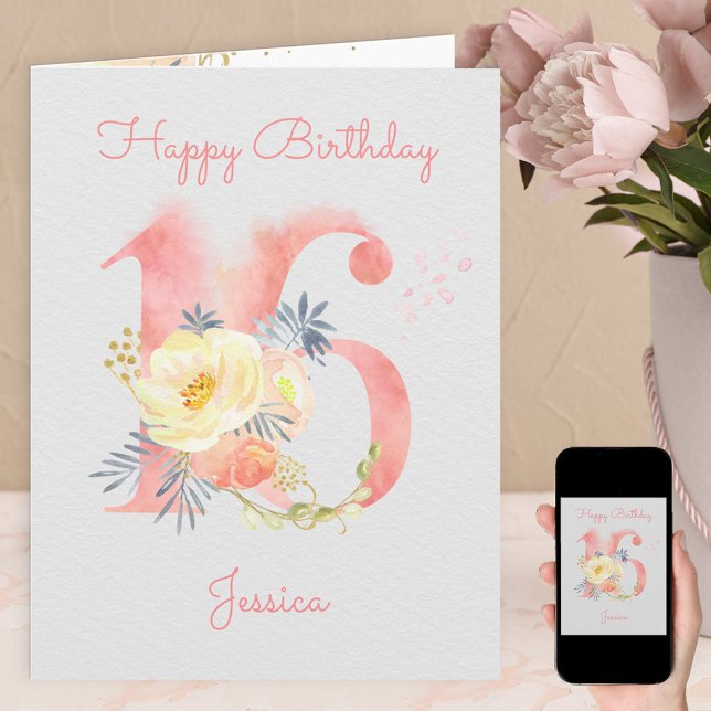 Watercolor Number 16 Personalised 15th Birthday Card (Creator Uploaded)