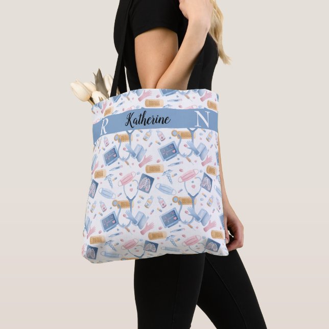 Watercolor Nurse | Dr Medical Collage Blue Pink Tote Bag (Close Up)