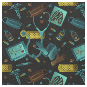 Watercolor Nurse   Dr Medical Collage Teal Brown Fabric