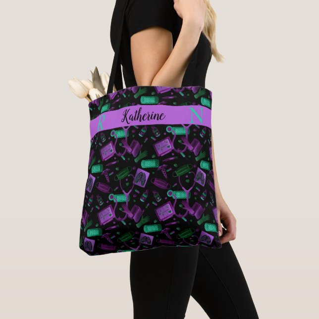 Watercolor Nurse | Dr Medical Collage Teal Purple Tote Bag (Close Up)