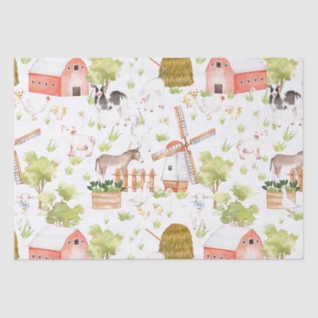 Watercolor Nursery Farm Land Animals Tissue Paper (Front)
