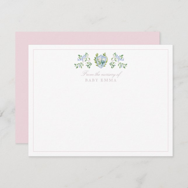 Watercolor nursery floral crest note card (Front/Back)
