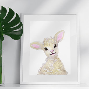 Watercolor Nursery Woodland Farm Baby Sheep Poster