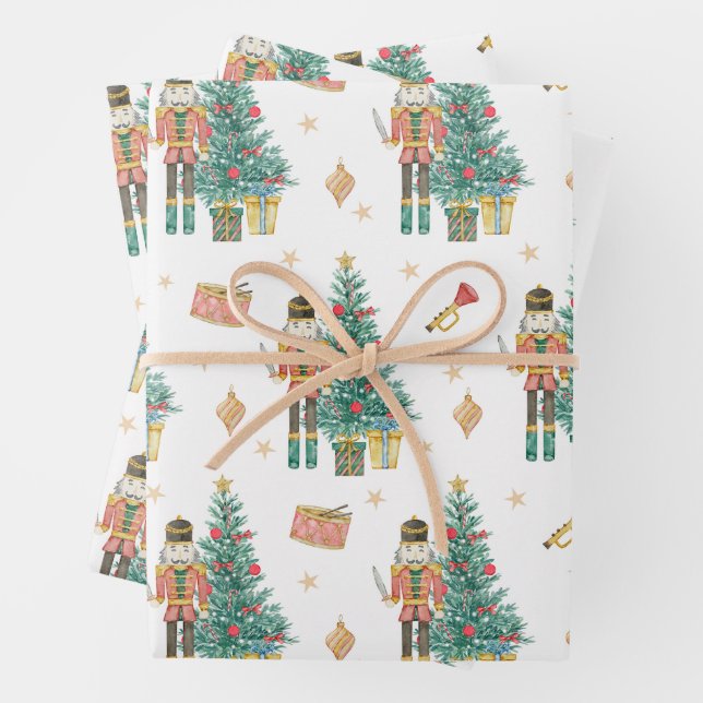 Watercolor Nutcracker and Christmas Tree   Wrapping Paper Sheet (In situ)
