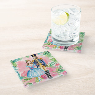 Watercolor Nutcracker and Clara Christmas Glass Coaster
