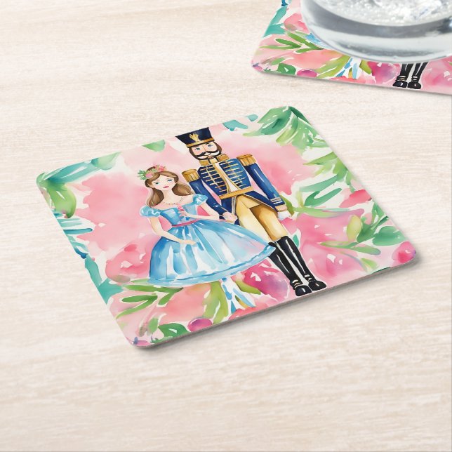 Watercolor Nutcracker and Clara Christmas Square Paper Coaster (Angled)