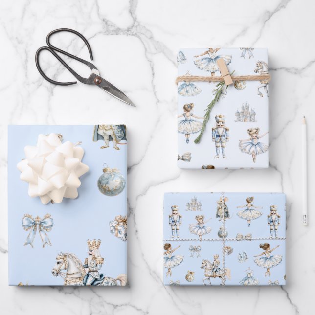 Watercolor Nutcracker Blue Pattern Christmas Wrapping Paper Sheet (Front)