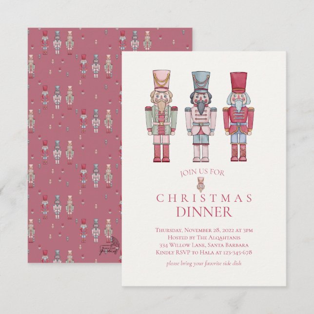 watercolor nutcracker Christmas dinner invitation (Front/Back)