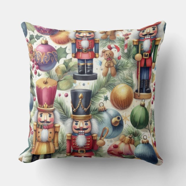 Watercolor Nutcracker Christmas Motifs Holiday Cushion (Front)