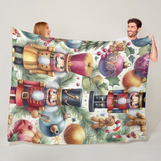 Watercolor Nutcracker Christmas Motifs Holiday Fleece Blanket (In Situ)