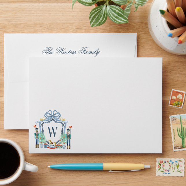 Watercolor Nutcracker Monogram Crest Christmas Envelope (Desk)