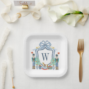 Watercolor Nutcracker Monogram Crest Christmas Paper Plate