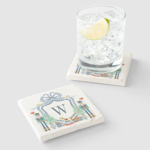Watercolor Nutcracker Monogram Crest Christmas Stone Coaster