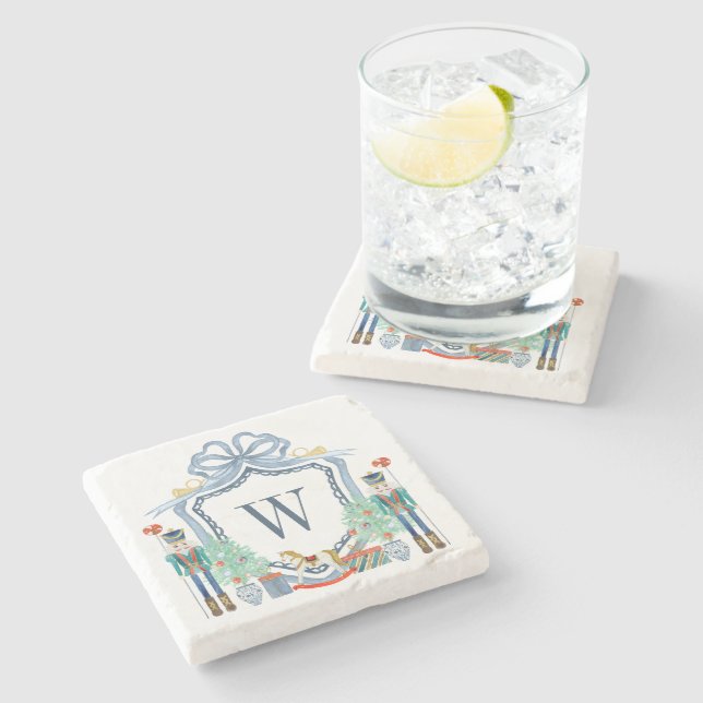 Watercolor Nutcracker Monogram Crest Christmas Stone Coaster (Side)