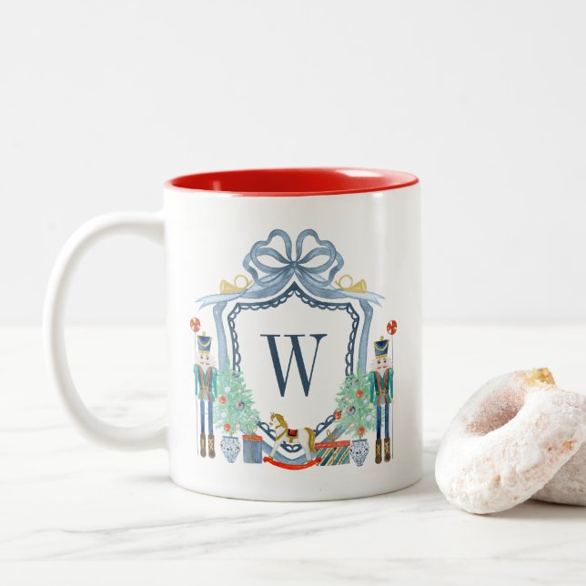 Watercolor Nutcracker Monogram Crest Christmas Two-Tone Coffee Mug (With Donut)