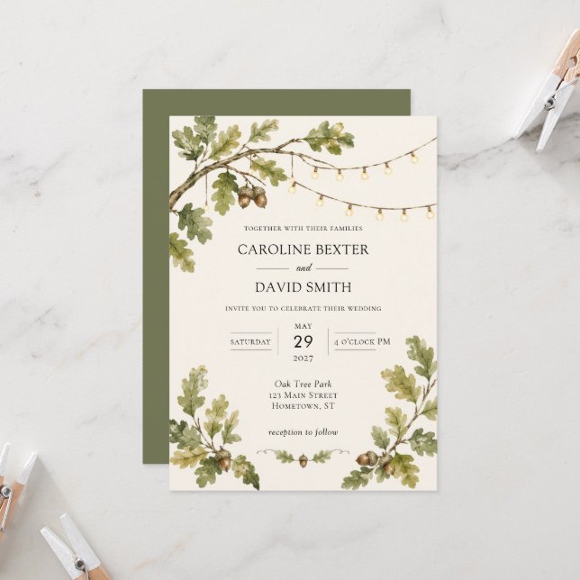 Watercolor Oak Themed Hanging Lights Wedding Invitation (Front/Back In Situ)