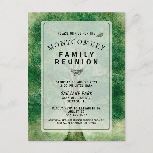Watercolor Oak Tree Family Reunion Invitation Postcard (Front)