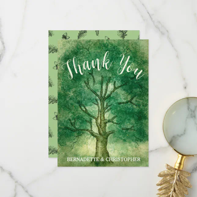 Watercolor Oak Tree Retro Rustic Forest Wedding Thank You Card | Zazzle