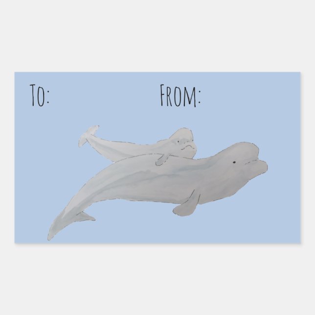 Watercolor Ocean Animal Mother Baby Beluga Whale Rectangular Sticker (Front)