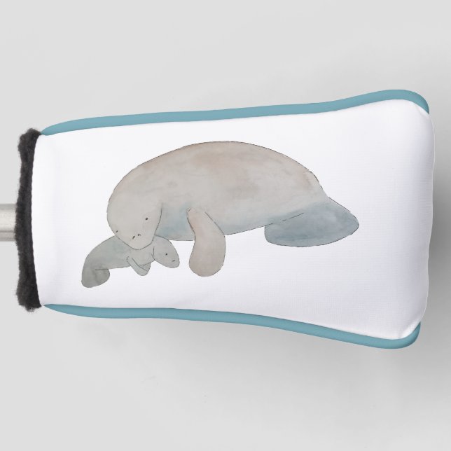 Watercolor Ocean Animal Mother Baby Manatee Golf Head Cover (Front)