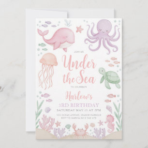 Watercolor Ocean Animals Girl Birthday Invitation