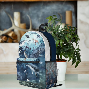 Watercolor Ocean Animals   Monogram Printed Backpack