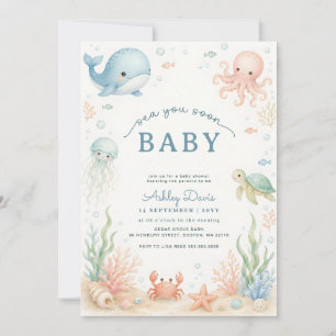 Watercolor Ocean Animals Sea You Soon Baby Shower Invitation