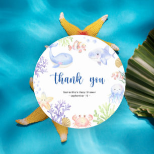 Watercolor ocean animals - thank you baby shower classic round sticker