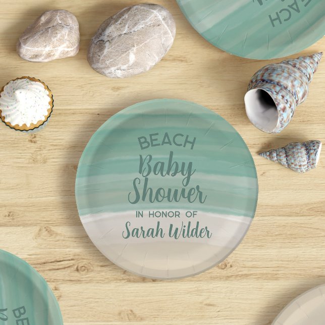 Watercolor Ocean Beach Baby Shower Paper Plate (Perfect paper plate for your Beach Baby Shower. Just add your name. Beachy!)