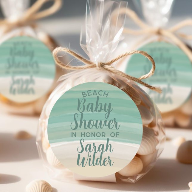 Watercolor Ocean Beach Baby Shower Stickers (For your beach baby shower - just add your name)