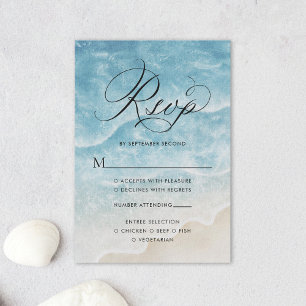 Watercolor Ocean Beach Elegant Script Wedding RSVP Card