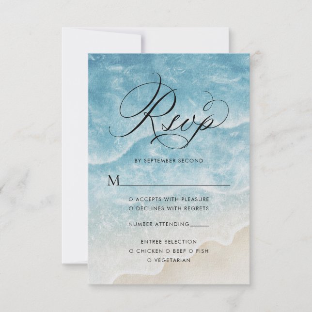 Watercolor Ocean Beach Elegant Script Wedding RSVP Card (Front)