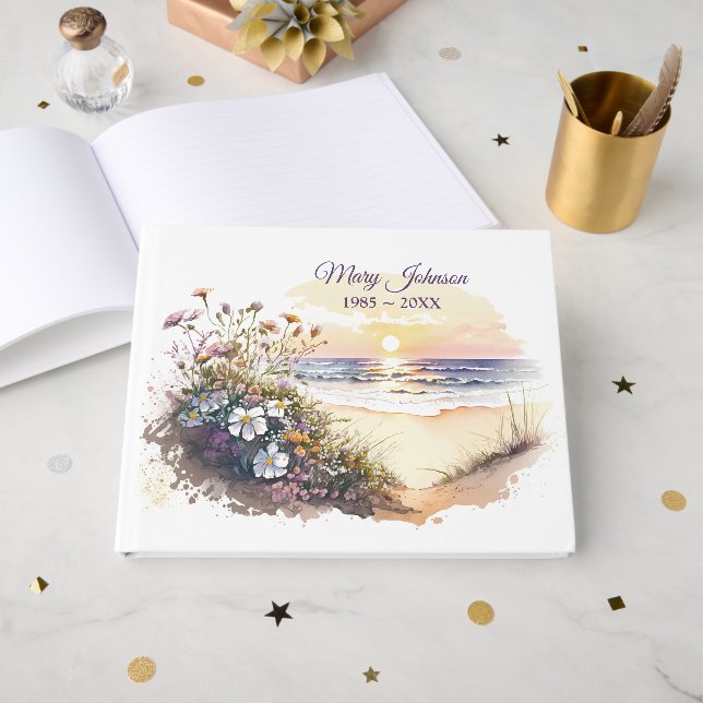 Watercolor Ocean Beach for Memorial Book (Front Open)