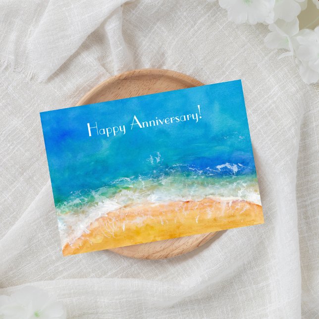 Watercolor Ocean Beach Happy Anniversary Card (Creator Uploaded)