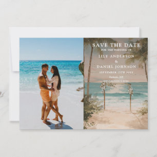 Watercolor Ocean Beach String Lights Wedding Photo Save The Date
