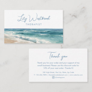 Watercolor Ocean Beach Therapist Elegant Thank You Business Card