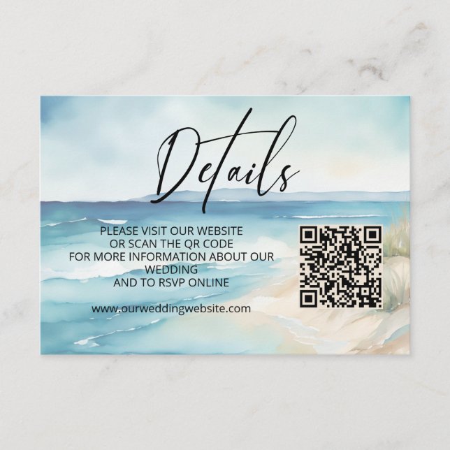 Watercolor Ocean Beach Wedding Website QR Code Enclosure Card (Front)