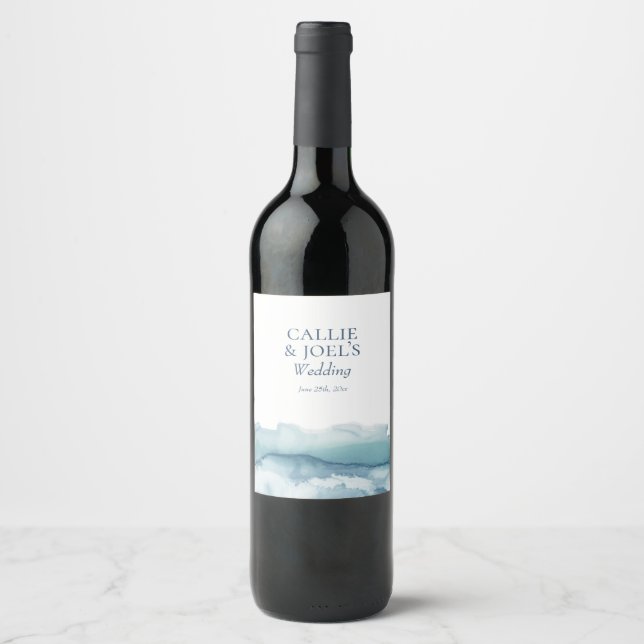 Watercolor Ocean Beach Wedding wine labels (Front)