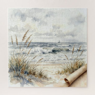 Watercolor Ocean Beach with Curled Paper Jigsaw Puzzle