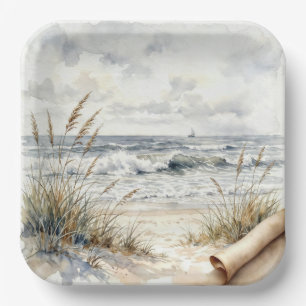 Watercolor Ocean Beach with Curled Paper Plate