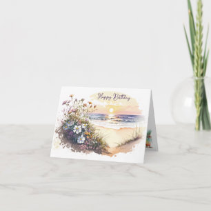 Watercolor Ocean Beach with Flowers Card