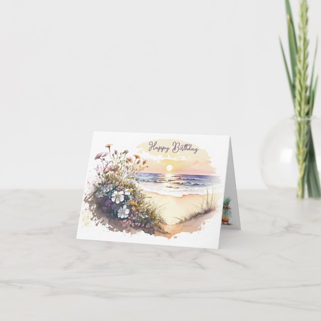 Watercolor Ocean Beach with Flowers Card (Front)