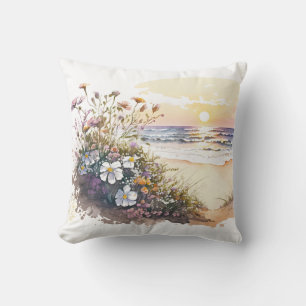 Watercolor Ocean Beach with Flowers Cushion