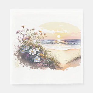 Watercolor Ocean Beach with Flowers Napkin