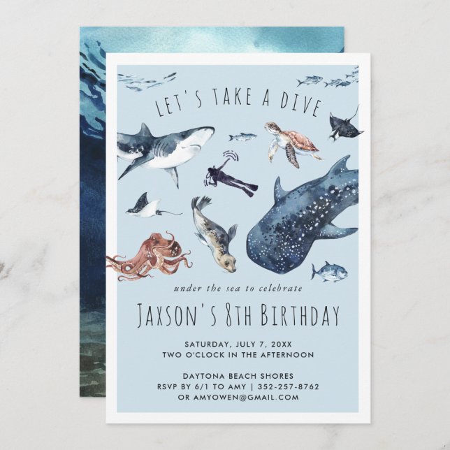 Watercolor Ocean | Birthday Party Invitation (Front/Back)